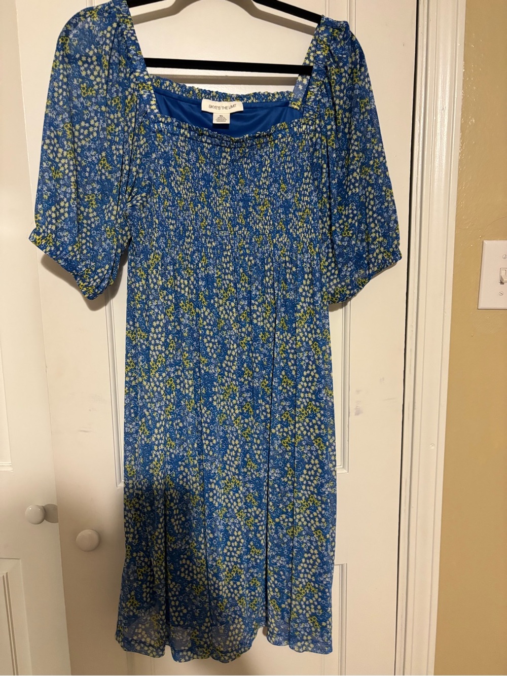 Skye's the Limit Blue Floral Smocked Midi Dress with Green Highlights
